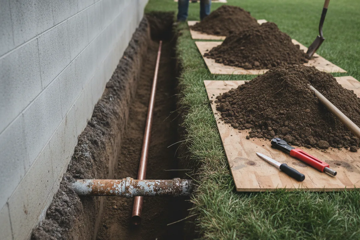 Excavated water line trench during Sewer Line Repair in Ridgedale